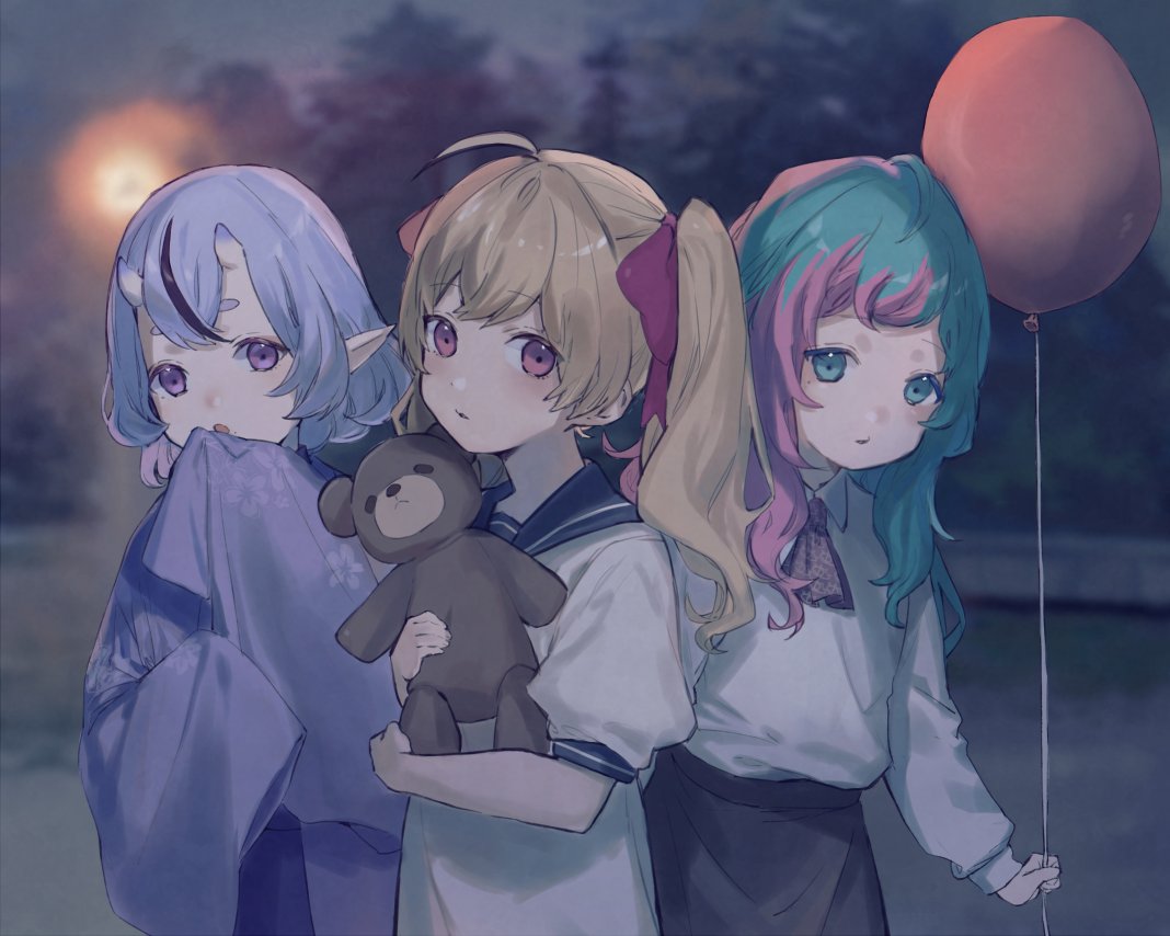 3girls :o april_fools balloon blonde_hair blush bow child collared_shirt cowboy_shot cravat eyebrows_visible_through_hair floral_print genderswap genderswap_(mtf) green_hair hair_bow holding holding_stuffed_animal japanese_clothes joe_rikiichi keshi kimono long_hair long_sleeves looking_at_viewer mole mole_under_mouth multicolored_hair multiple_girls nijisanji oni oni_horns open_mouth outdoors parted_lips pink_hair pointy_ears print_kimono purple_hair purple_kimono rindou_mikoto sailor_collar shirt short_eyebrows short_hair skin-covered_horns skirt sleeves_past_fingers sleeves_past_wrists stuffed_animal stuffed_toy takamiya_rion teddy_bear twintails two-tone_hair violet_eyes virtual_youtuber younger