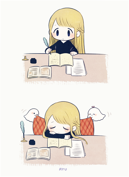 1girl ayu_(mog) bangs blanket blonde_hair book closed_eyes closed_mouth crossed_arms ghost holding ink_bottle long_hair long_sleeves motion_lines open_book original quill signature simple_background sleeping swept_bangs white_background writing