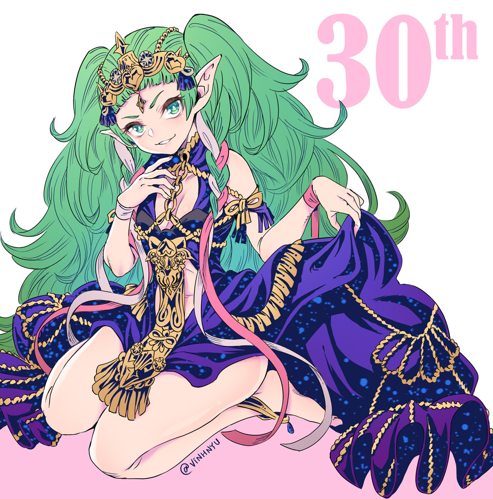 1girl anniversary barefoot dress fire_emblem fire_emblem:_three_houses full_body green_eyes green_hair grin long_hair pointy_ears simple_background sitting smile solo sothis_(fire_emblem) tiara twitter_username vinhnyu