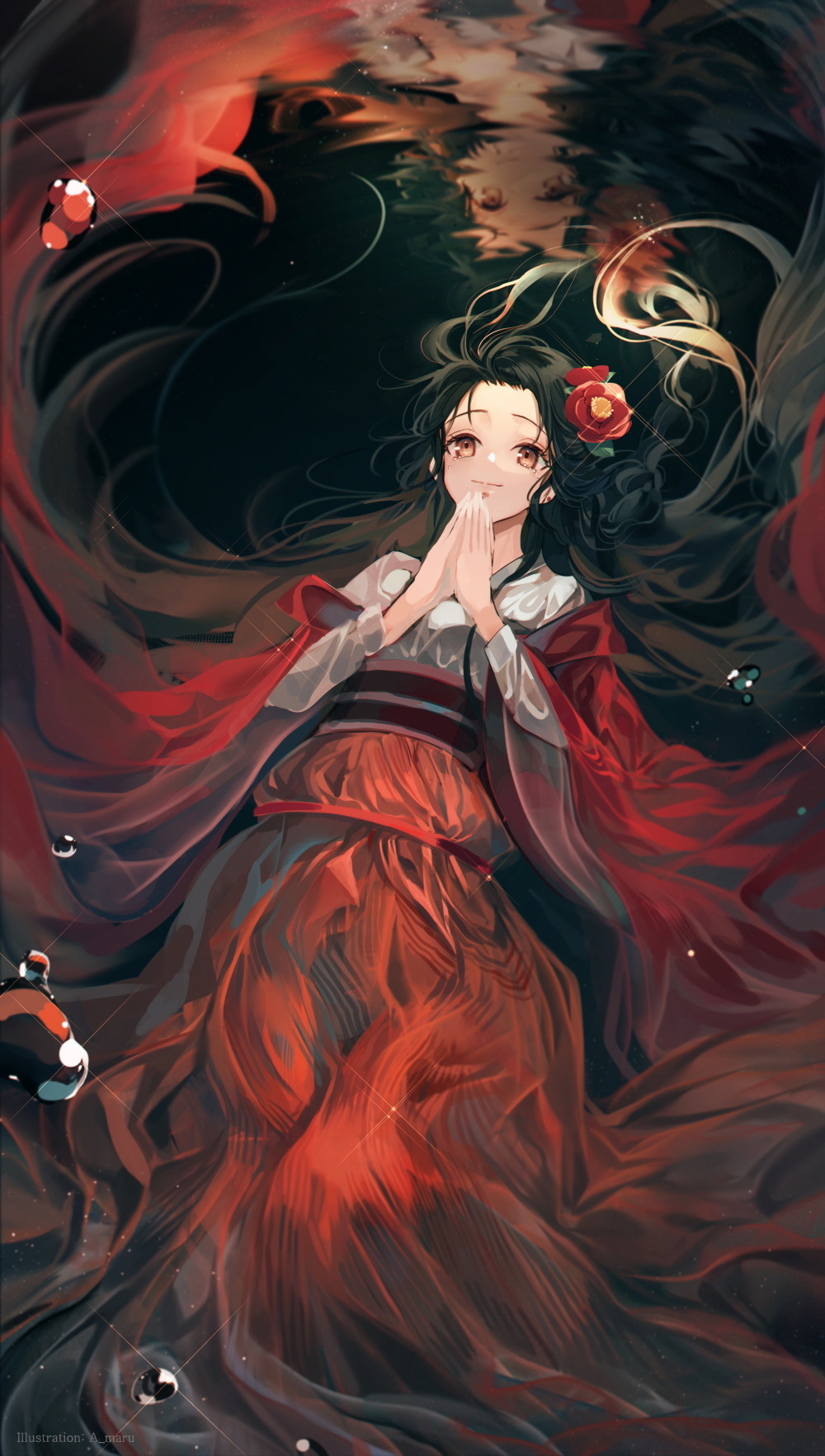 1girl artist_name black_hair brown_eyes closed_mouth crying crying_with_eyes_open flower from_above hair_flower hair_ornament hakama highres japanese_clothes kimono long_hair long_sleeves looking_afar looking_away obi original own_hands_together praying red_flower red_hakama reflection sash smile solo sparkle tears unity_(ekvmsp02) very_long_hair water water_drop white_kimono
