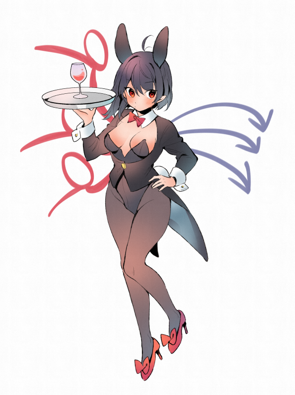 1girl ahoge akagashi_hagane animal_ears asymmetrical_wings black_hair black_jacket black_leotard blue_wings bow bowtie breasts bunny_tail bunnysuit commentary_request cup detached_collar drinking_glass full_body hand_on_hip hand_up high_heels highleg highleg_leotard holding holding_tray houjuu_nue jacket leotard long_sleeves medium_breasts pantyhose pointy_ears rabbit_ears red_bow red_eyes red_footwear red_neckwear red_wings shoe_bow shoes short_hair simple_background sleeve_cuffs tail tailcoat touhou tray white_background wine_glass wings