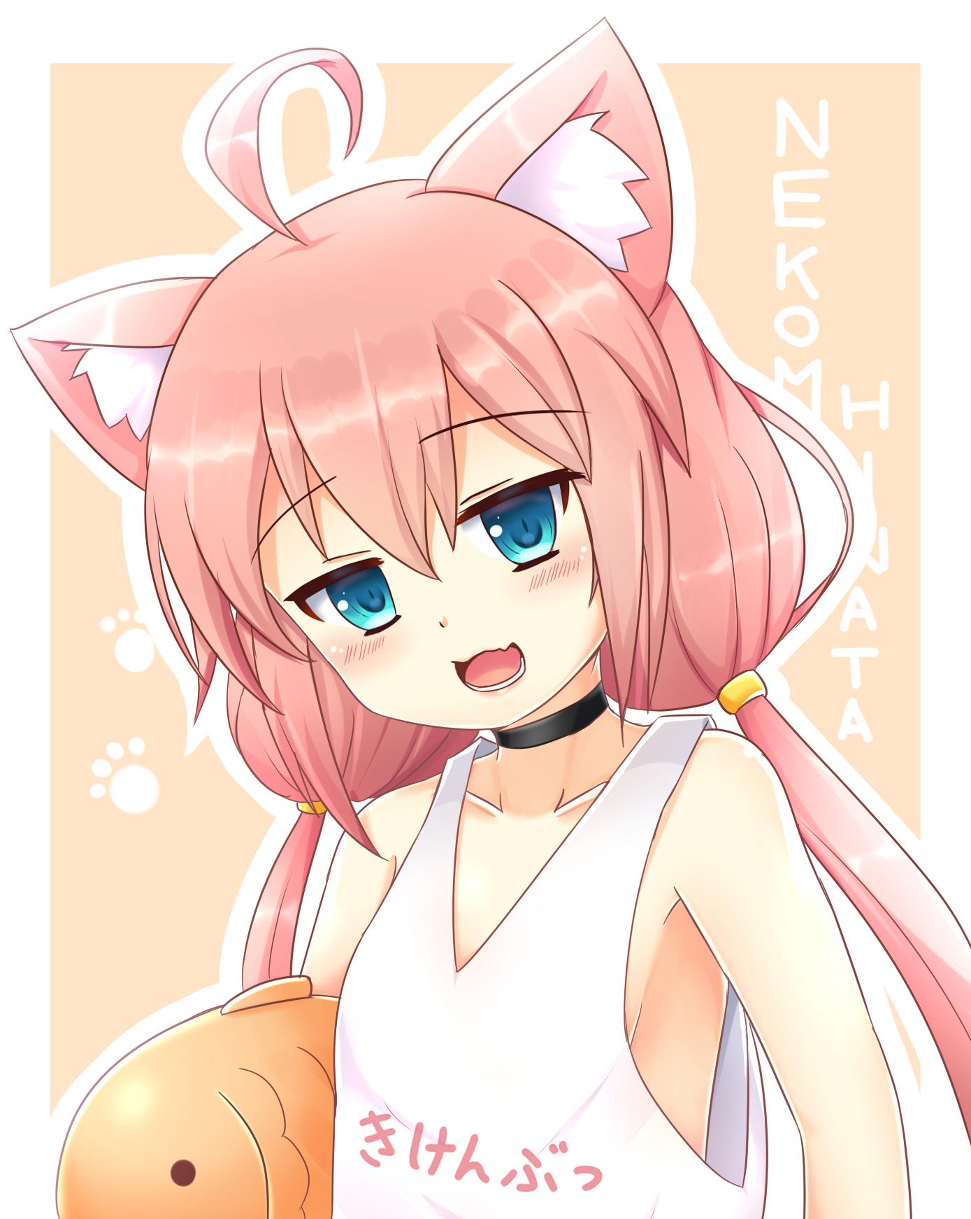 1girl ahoge animal_ears armpit_peek background_text bangs blue_eyes blush cat_ears character_name collarbone highres hinata_channel kane-neko nekomiya_hinata open_mouth outline paw_print pink_hair simple_background solo twintails upper_body white_background white_outline