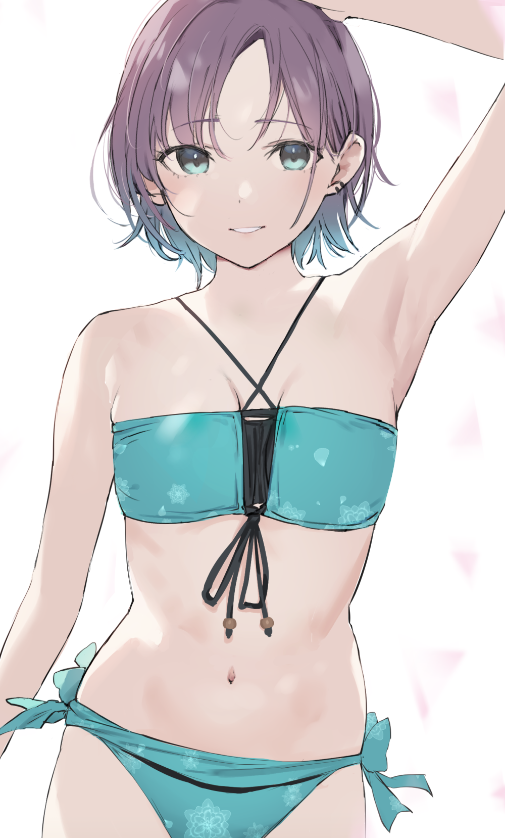 1girl aqua_bikini aqua_eyes aqua_hair aqua_ribbon arm_at_side arm_up armpits asakura_tooru bangs bare_shoulders bikini black_ribbon blush breasts commentary_request criss-cross_halter eyebrows_visible_through_hair gradient_hair halterneck hand_on_own_head highres idolmaster idolmaster_shiny_colors multicolored_hair navel nekoshoko parted_bangs parted_lips purple_hair ribbon short_hair side-tie_bikini simple_background small_breasts smile solo stomach swimsuit white_background