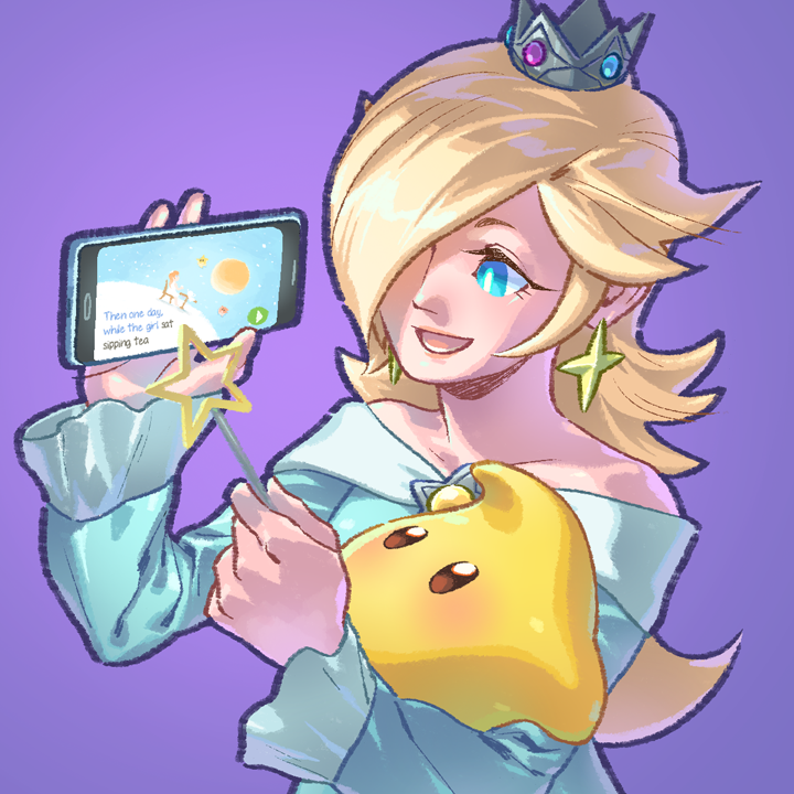 1girl aqua_dress blonde_hair cellphone chiko_(mario) crown dress earrings hair_over_one_eye jewelry super_mario_bros. open_mouth phone pockypalooza purple_background reading rosalina simple_background smartphone smile star super_smash_bros. wand