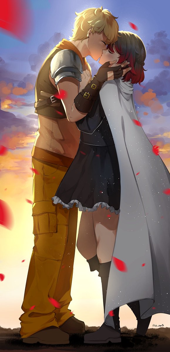 armor blonde_hair cargo_pants cloak closed_eyes commentary commissioner_upload gloves highres hug kiss lulu-chan92 pants petals redhead rwby skirt summer_rose taiyang_xiao_long