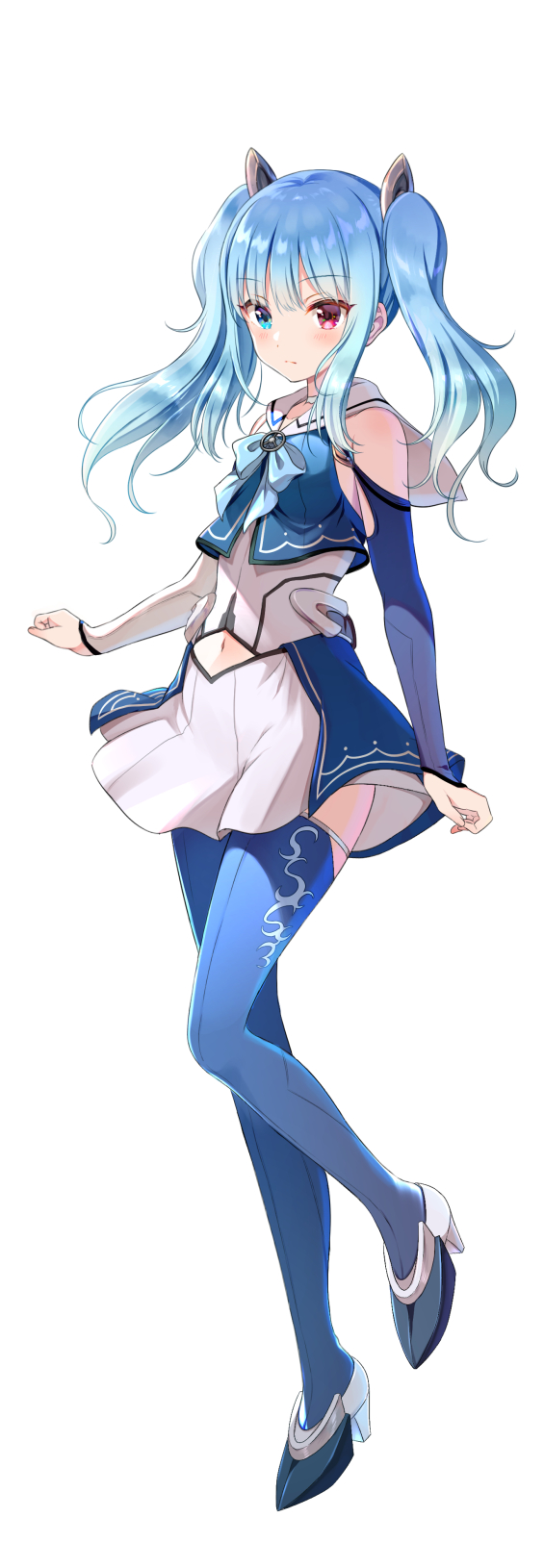 1girl bangs bare_shoulders blue_bow blue_eyes blue_hair blue_legwear blue_shirt blush bow breasts closed_mouth eyebrows_visible_through_hair full_body heterochromia highres long_hair long_sleeves mismatched_sleeves original red_eyes shirt shoes simple_background skirt sleeves_past_wrists small_breasts solo standing standing_on_one_leg thigh-highs twintails white_background white_footwear white_skirt yatomi