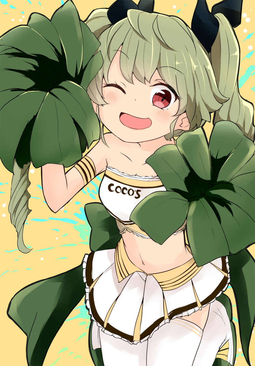 1girl ;d anchovy_(girls_und_panzer) bangs barashiya black_ribbon cheerleader clothes_writing coco's commentary double_horizontal_stripe drill_hair eyebrows_visible_through_hair frilled_skirt frills girls_und_panzer green_hair hair_ribbon highres holding_pom_poms jumping lace lace-trimmed_shirt legs_up logo long_hair looking_at_viewer midriff miniskirt navel one_eye_closed open_mouth pom_poms red_eyes ribbon shirt shoes skirt smile solo strapless thigh-highs tubetop twin_drills twintails white_footwear white_legwear white_shirt white_skirt yellow_background