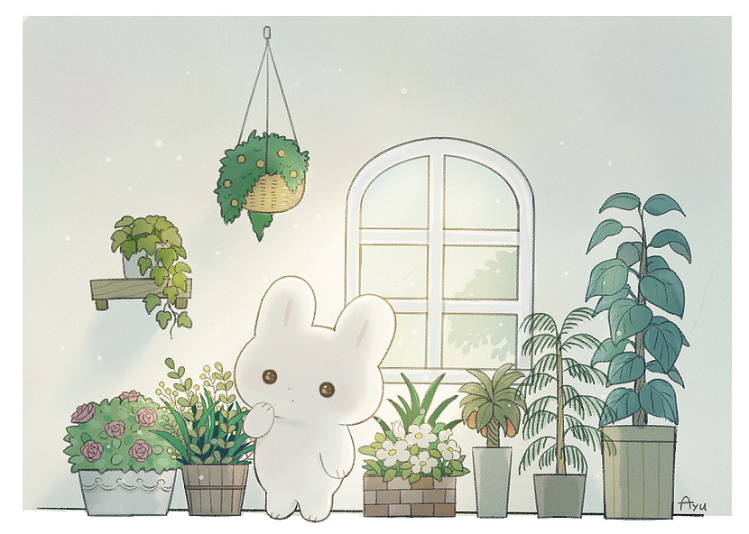 ayu_(mog) border closed_mouth daisy flower green_background hand_up indoors ivy mixed-language_commentary no_humans original plant pot potted_plant rabbit red_flower red_rose rose signature standing white_border white_flower window