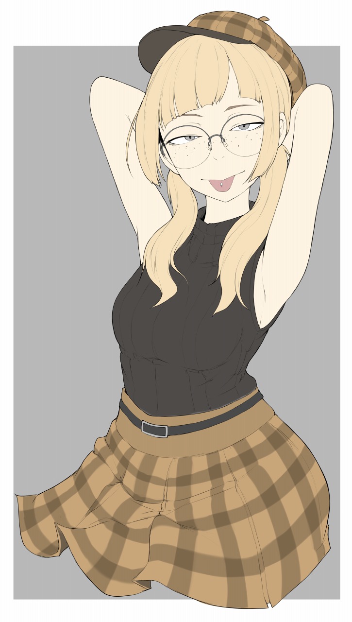 1girl act-age arms_up belt black_belt blonde_hair breasts brown_headwear closed_mouth eyebrows freckles glasses grey_eyes hat highres ina_(gokihoihoi) long_hair looking_at_viewer medium_breasts piercing plaid plaid_hat plaid_skirt round_eyewear sanzaka_nanao skirt sleeveless smile solo tongue tongue_out tongue_piercing twintails upper_body