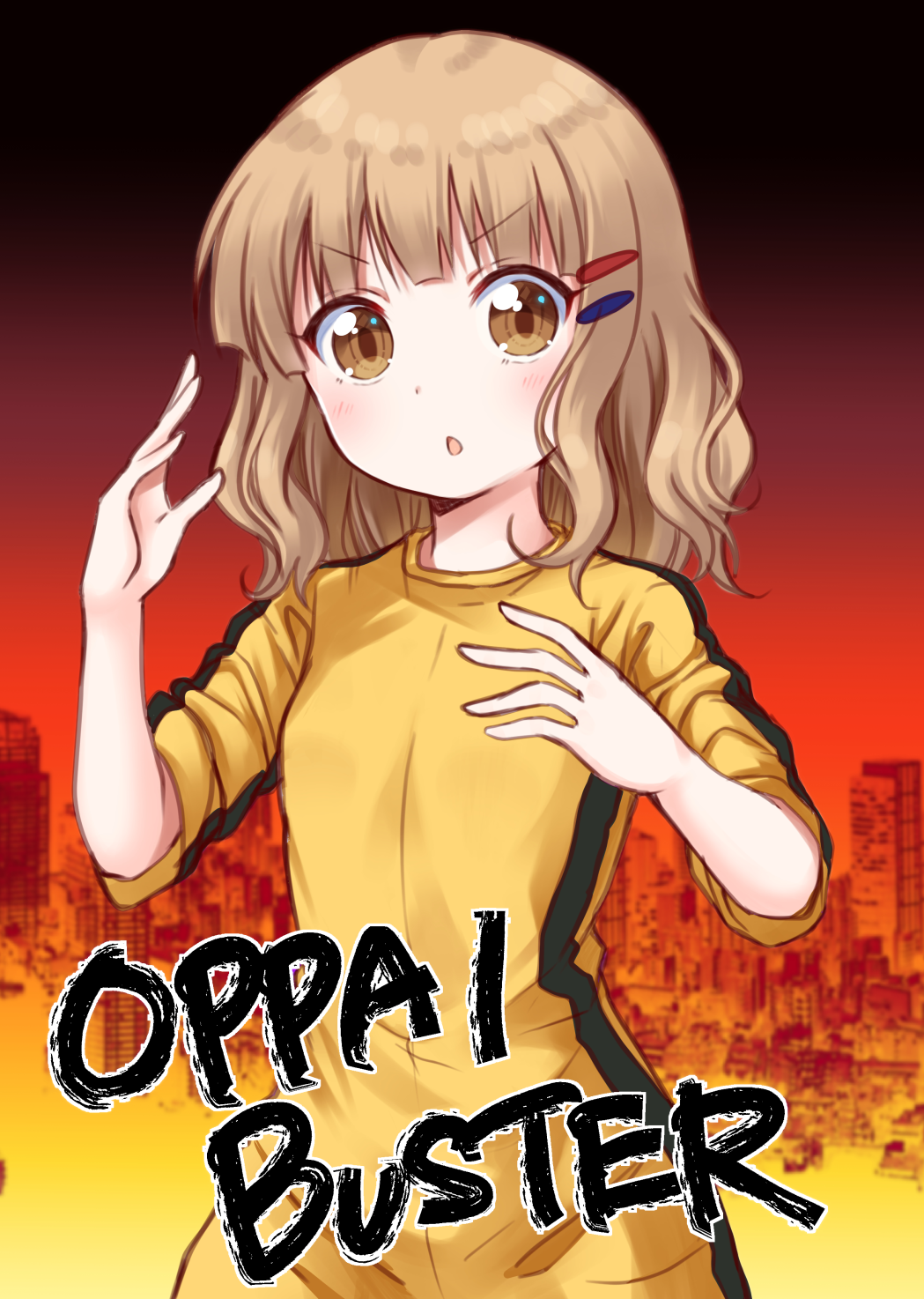 1girl bangs blonde_hair brown_eyes bruce_lee's_jumpsuit cityscape commentary_request english_text eyebrows_visible_through_hair hair_ornament hairclip highres jumpsuit looking_at_viewer medium_hair multicolored multicolored_background oomuro_sakurako open_mouth romaji_text serious sleeves_rolled_up solo usagi_koushaku v-shaped_eyebrows yuru_yuri