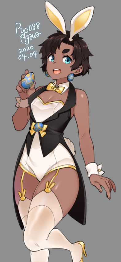 1girl 2020 agawa_ryou animal_ears artist_name bare_shoulders black_hair blue_eyes commentary dark_skin dated earrings easter_egg egg garter_straps grey_background jewelry original rabbit_ears round_teeth short_hair signature simple_background smile solo teeth thigh-highs white_legwear