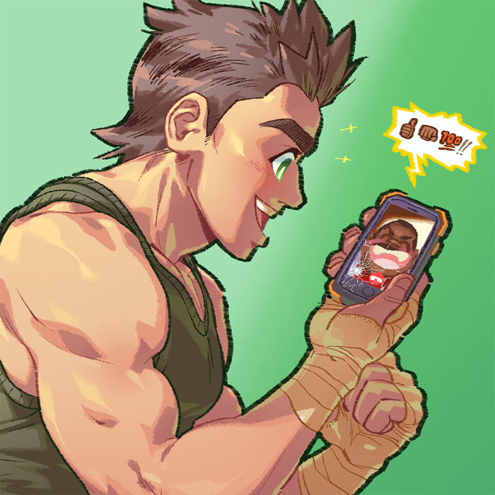 2boys black_shirt broken_screen brown_hair cellphone doc_louis green_background green_eyes hand_wraps little_mac male_focus multiple_boys phone pockypalooza punch-out!! shirt simple_background smartphone solo_focus super_smash_bros. tank_top upper_body