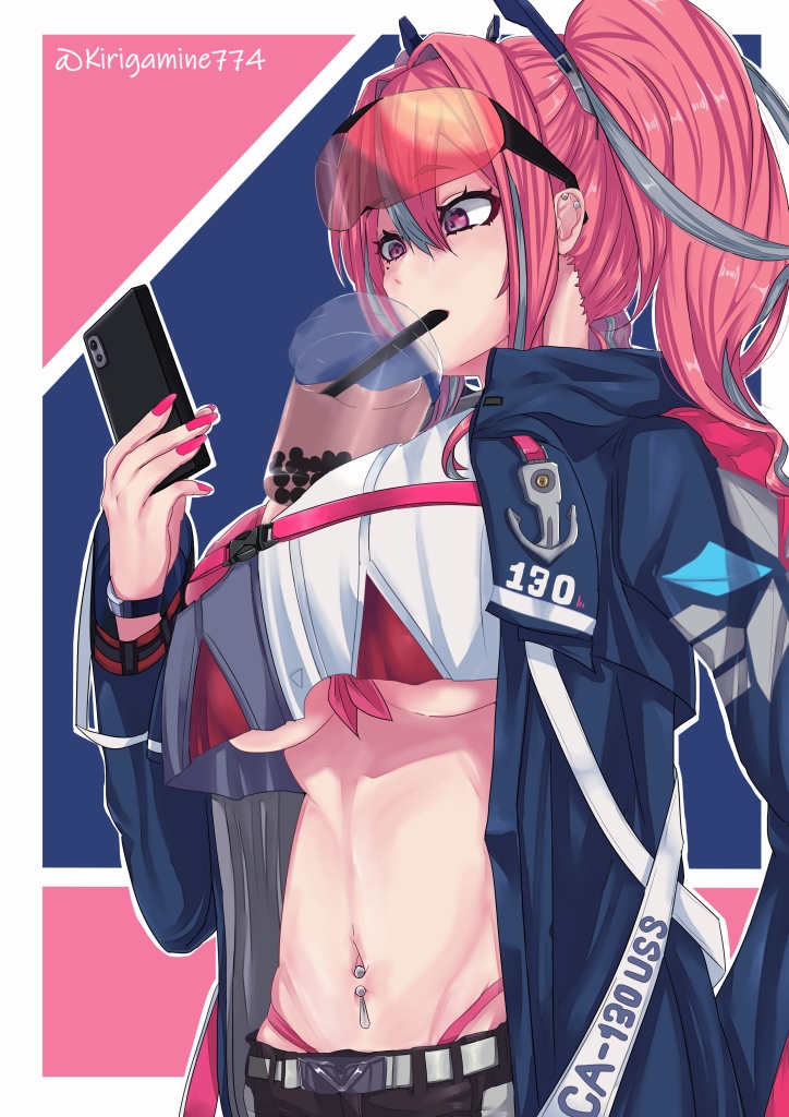 1girl azur_lane bangs belt bikini bikini_under_clothes black_shorts blue_background blue_jacket breasts bremerton_(azur_lane) bubble_tea bubble_tea_challenge cellphone commentary_request crop_top crop_top_overhang cup disposable_cup drink drinking drinking_straw drinking_straw_in_mouth ear_piercing eyebrows_visible_through_hair eyewear_on_head fingernails front-tie_bikini front-tie_top grey_belt groin hair_between_eyes hair_intakes hair_ornament highleg highleg_bikini holding holding_phone hood hood_down hooded_jacket huge_breasts jacket kirigamine774 large_breasts long_fingernails long_hair long_sleeves looking_at_phone midriff multicolored multicolored_background multicolored_hair nail_polish navel navel_piercing object_on_breast open_clothes open_jacket phone piercing pink_background pink_bikini pink_eyes pink_hair pink_nails red-tinted_eyewear shirt short_shorts shorts sidelocks smartphone snap-fit_buckle solo standing streaked_hair sunglasses swimsuit twintails twitter_username two-tone_shirt upper_body wristband