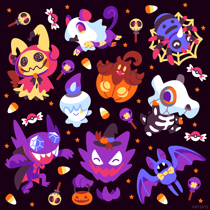 ^_^ black_background candy closed_eyes commentary creature cubone drifloon english_commentary facing_viewer fangs food gen_1_pokemon gen_2_pokemon gen_3_pokemon gen_4_pokemon gen_5_pokemon gen_6_pokemon gen_7_pokemon halloween haunter litwick looking_at_viewer mimikyu no_humans pokemon pokemon_(creature) pumpkaboo rattata sableye simple_background spinarak versiris violet_eyes zubat