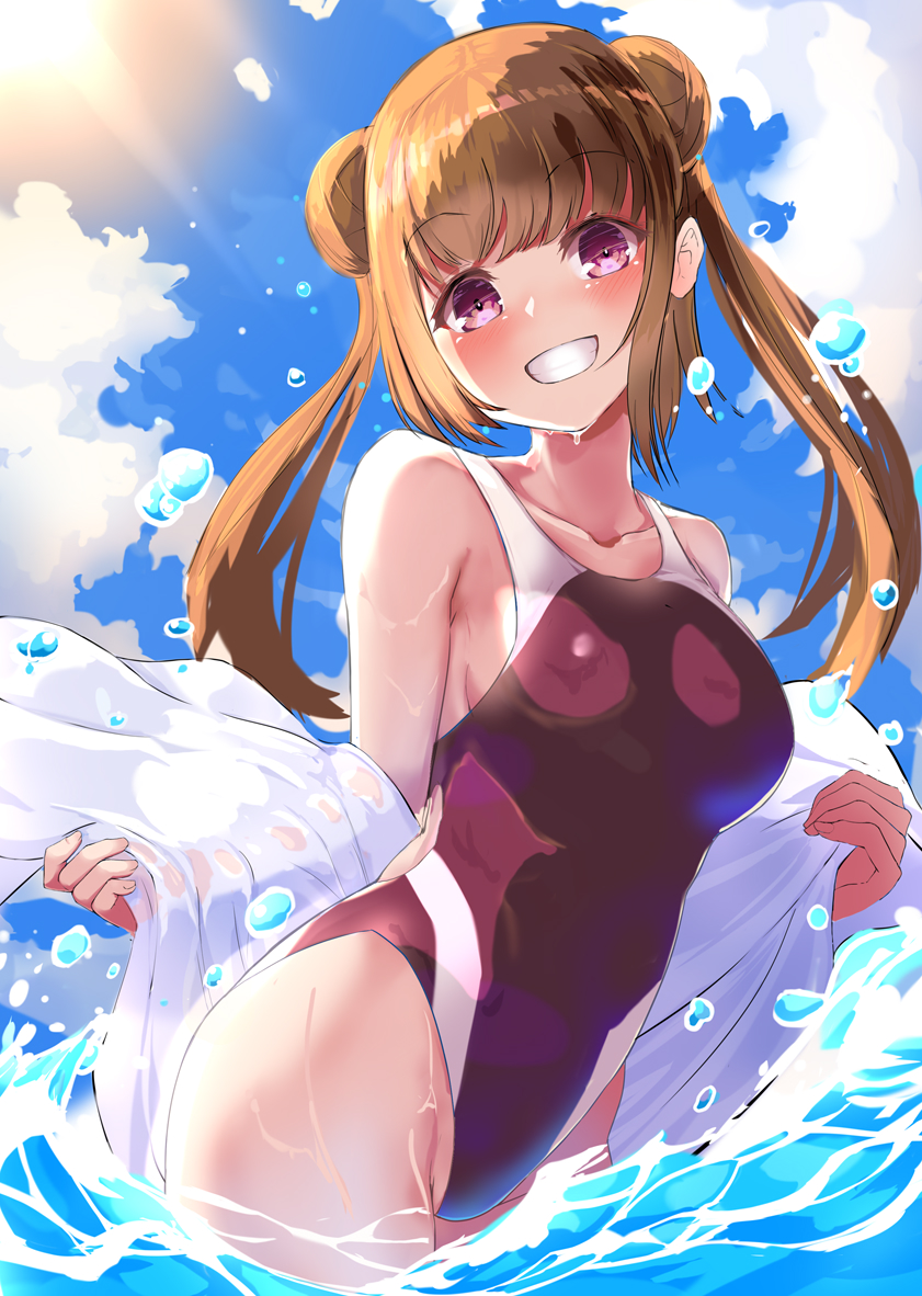 1girl blue_sky breasts brown_hair clouds collarbone competition_swimsuit cowboy_shot day double_bun eyebrows_visible_through_hair grin highleg highleg_swimsuit long_hair looking_at_viewer medium_breasts nigouu one-piece_swimsuit original outdoors red_eyes red_swimsuit sideboob sky smile solo splashing sun swimsuit towel twintails water wet white_towel