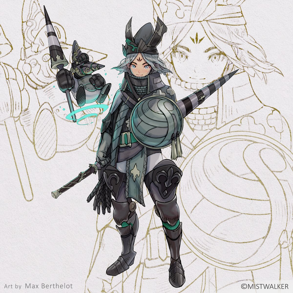 1boy 1other armor belt blue_eyes closed_mouth facial_mark floating gauntlets gloves glowing greaves grey_gloves grey_hair helmet highres holding holding_lance holding_weapon lance makushiro pauldrons polearm shield sketch smile standing terra_battle weapon