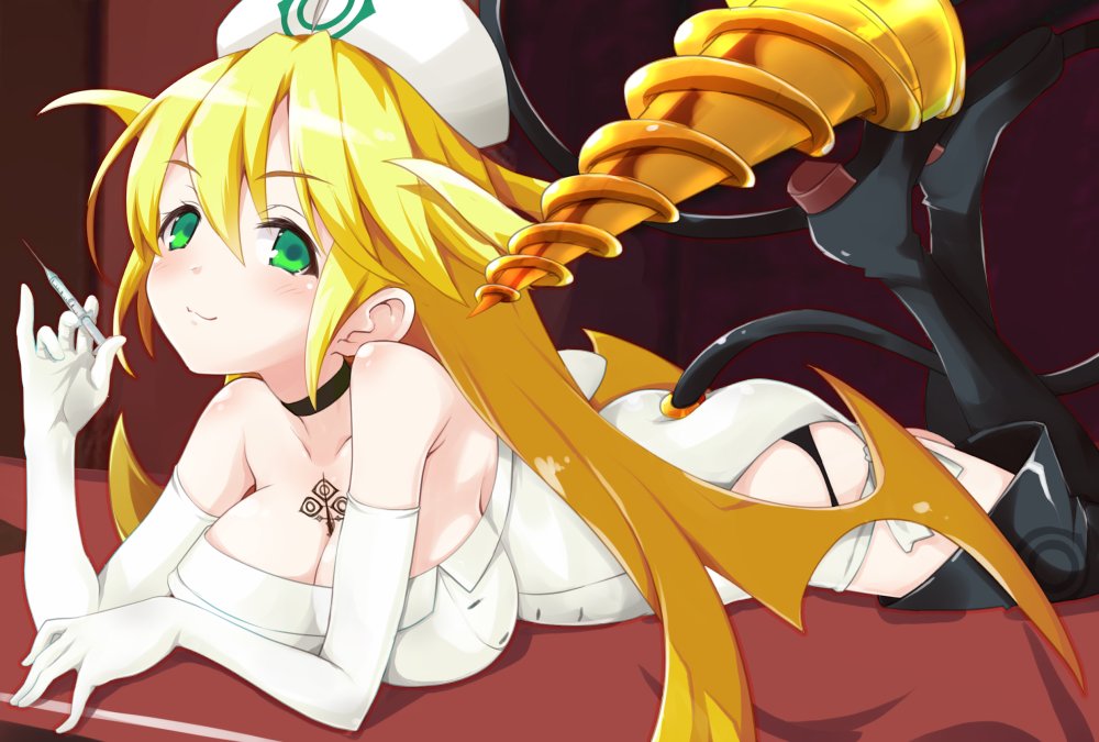 1girl black_panties blonde_hair boots breast_tattoo breasts check_character choker elbow_gloves gloves green_eyes hat holding holding_syringe iwasi-r large_breasts looking_at_viewer nurse nurse_cap original panties smile solo syringe tail tattoo thigh-highs thigh_boots underwear white_gloves