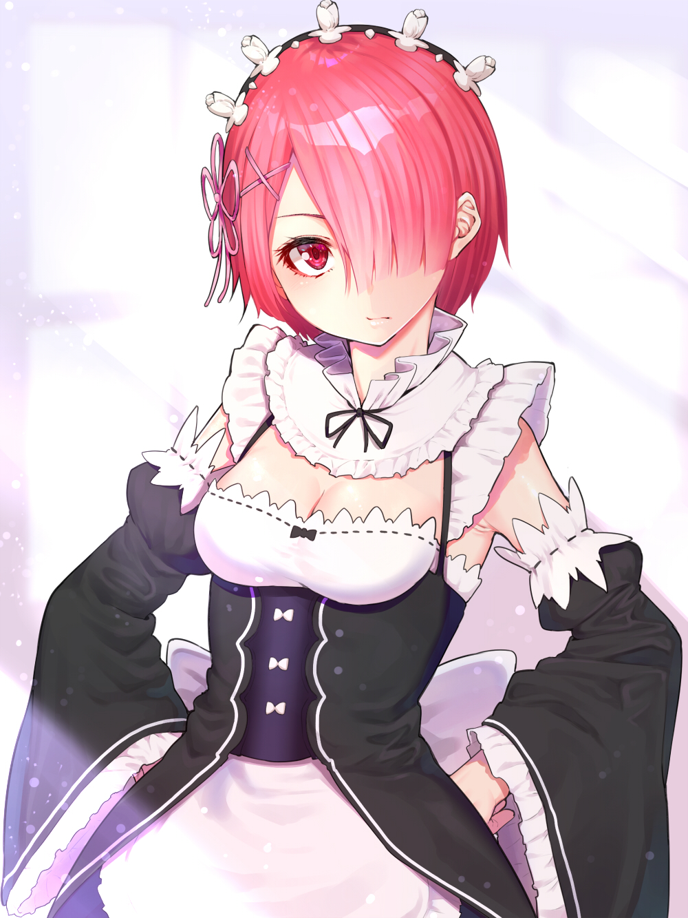 1girl bare_shoulders breasts commentary_request detached_sleeves frills frown hair_ornament hair_over_one_eye hair_ribbon highres long_sleeves looking_at_viewer maid maid_dress maid_headdress medium_breasts mikan_(chipstar182) pink_hair ram_(re:zero) re:zero_kara_hajimeru_isekai_seikatsu red_eyes ribbon short_hair x_hair_ornament