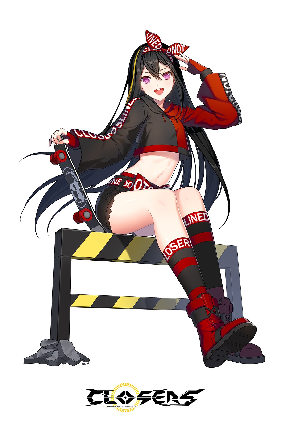 1girl :d arm_up belt black_hair black_legwear black_shorts boots closers crop_top crop_top_overhang cutoffs drawstring fingerless_gloves gloves hair_between_eyes hairband highres holding long_hair long_sleeves looking_at_viewer luna_aegis_(closers) midriff multicolored_hair navel official_art open_mouth red_gloves salute shirt short_shorts shorts sitting skateboard smile socks solo stomach streaked_hair thighs two-tone_shirt very_long_hair violet_eyes wide_sleeves