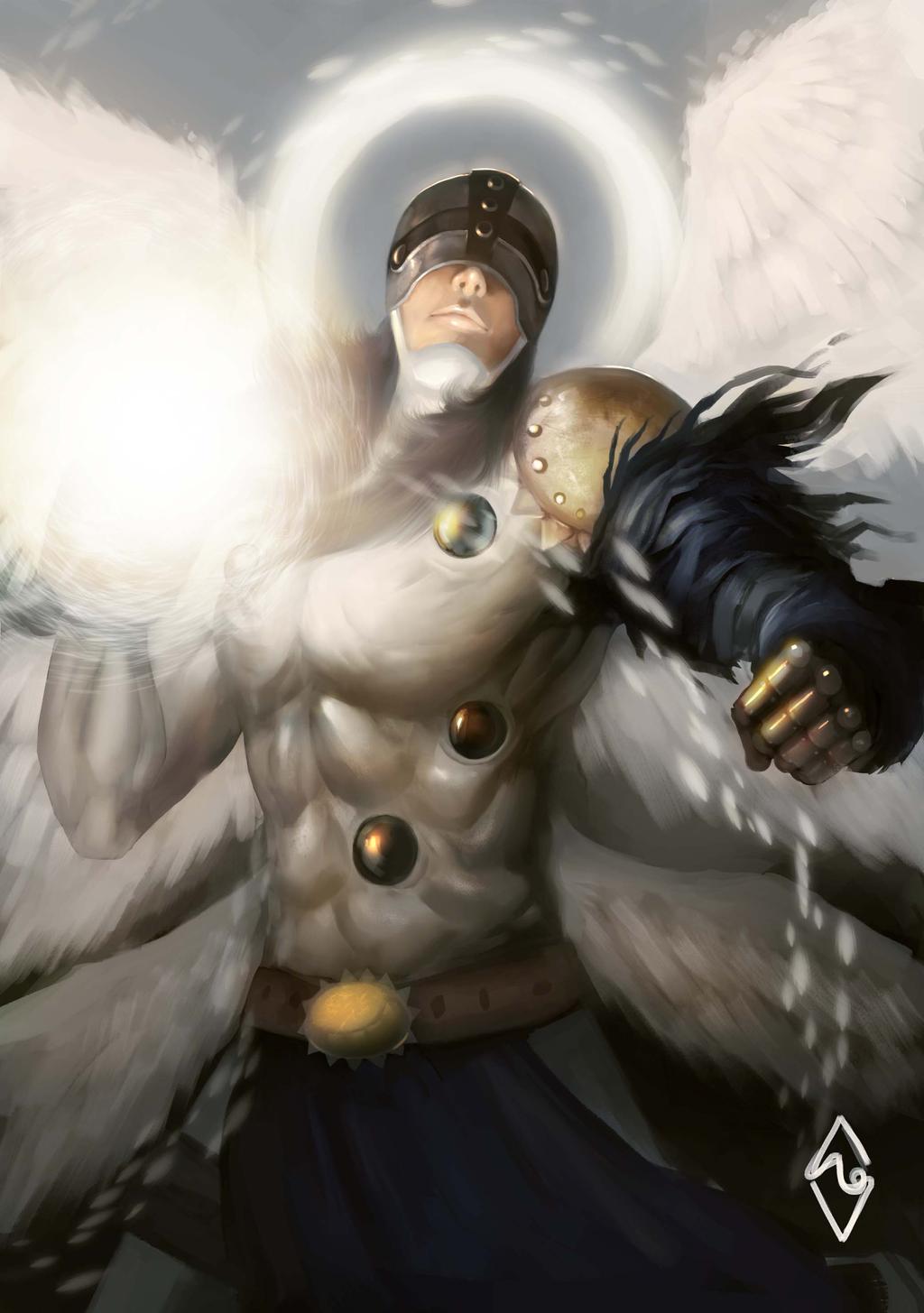 1boy abs angel angemon armor belt brown_belt clenched_hand closed_mouth covering_eyes digimon fahmi_fauzi feathered_wings fighting_stance glowing halo highres male_focus multiple_wings pauldrons solo standing white_wings wings