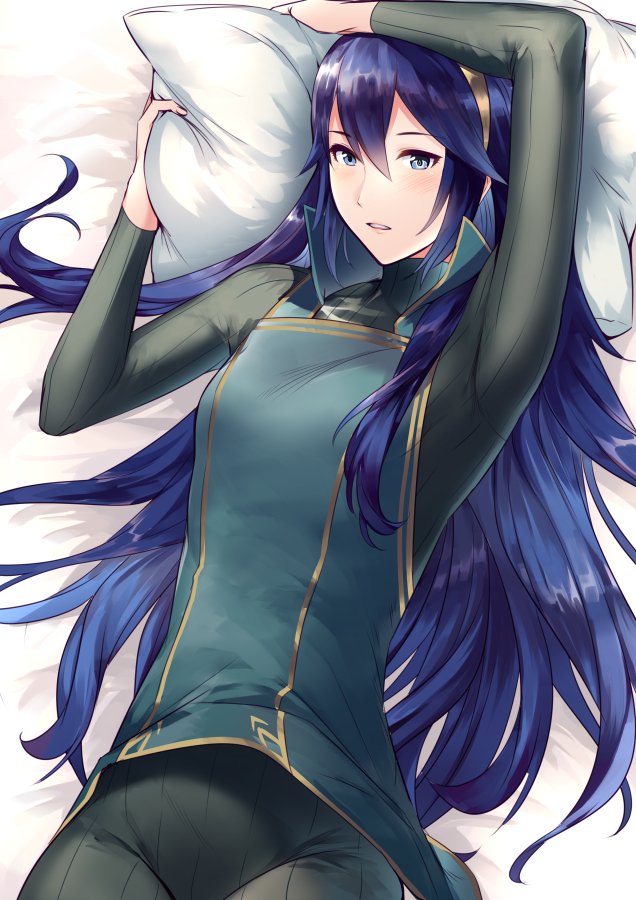 1girl ameno_(a_meno0) arm_up bangs bed_sheet black_bodysuit blue_hair blue_shirt bodysuit commentary_request cowboy_shot eyelashes fire_emblem fire_emblem_awakening gold_trim hair_between_eyes hair_spread_out holding holding_pillow long_hair long_sleeves looking_at_viewer lucina_(fire_emblem) lying on_back on_bed parted_lips pillow shiny shiny_hair shirt solo tiara turtleneck