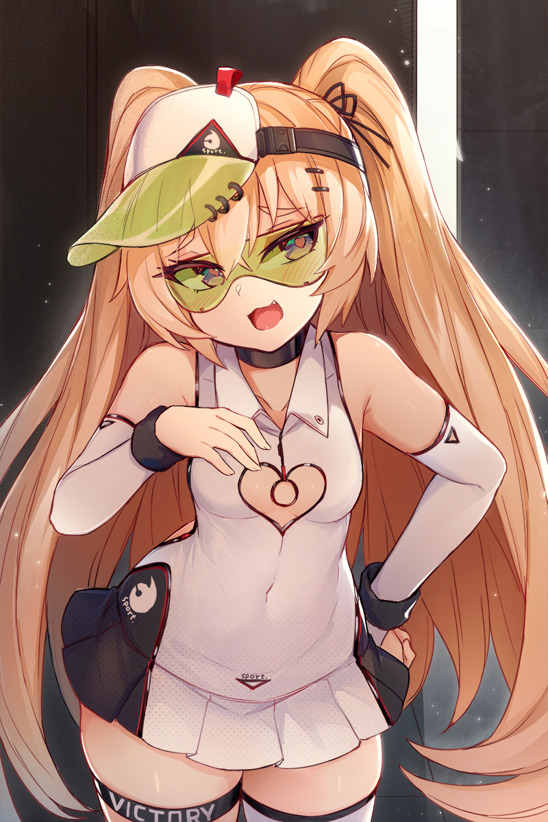 1girl azur_lane bache_(azur_lane) bache_(showy_sports_star)_(azur_lane) bangs bare_shoulders black_ribbon blonde_hair blush breasts choker cleavage_cutout collarbone commentary_request covered_navel detached_sleeves dress fang goggles goggles_on_eyes hair_ornament hair_ribbon hairclip heart heart-shaped_pupils heart_cutout highres long_hair mou_tama_maru open_mouth revision ribbon short_dress single_thighhigh skindentation small_breasts smile solo sportswear sunlight symbol-shaped_pupils tennis_uniform thigh-highs thigh_strap two_side_up very_long_hair violet_eyes visor_cap white_dress white_legwear zettai_ryouiki