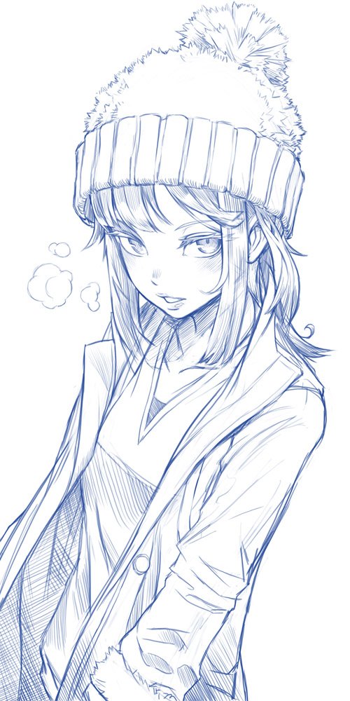 1girl beanie blue_theme collarbone eyebrows_visible_through_hair hat ikegami_noroshi long_hair long_sleeves looking_at_viewer monochrome original parted_lips solo