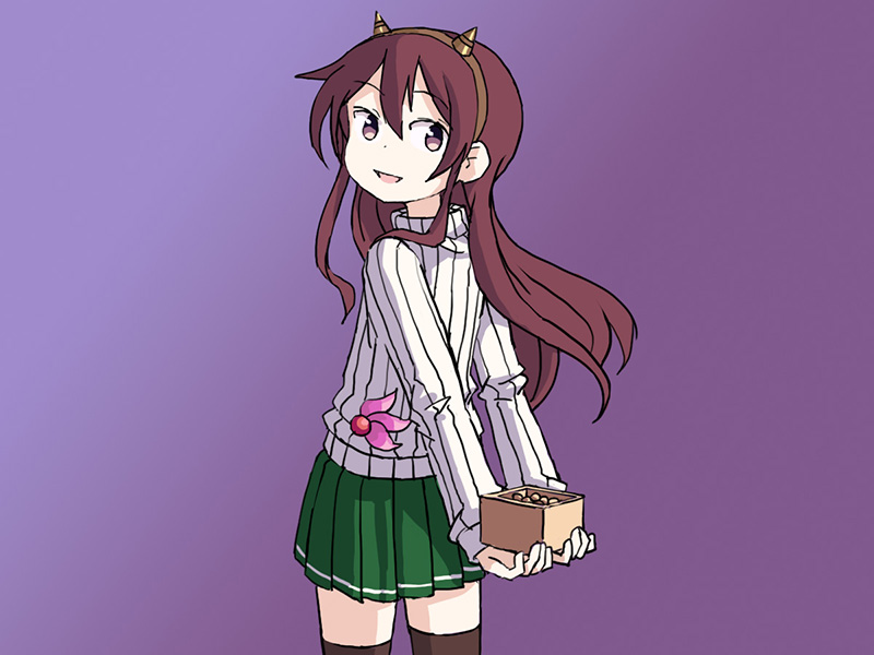 1girl adrian_ferrer arms_behind_back beans black_legwear box brown_eyes brown_hair commentary commentary_request english_commentary from_behind gradient gradient_background green_skirt hairband kantai_collection kisaragi_(kantai_collection) long_hair looking_at_viewer looking_back masu oni_horns pleated_skirt purple_background ribbed_sweater skirt smile solo sweater thigh-highs white_sweater