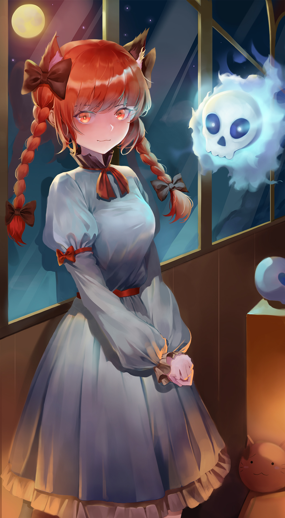 1girl :3 animal_ear_fluff animal_ears black_bow blue_dress blue_eyes bow bowtie braid cat cat_ears dobostorte dress extra_ears fang fang_out floating_skull ghost highres hitodama kaenbyou_rin kaenbyou_rin_(cat) looking_at_viewer moon night night_sky puffy_sleeves red_bow red_bowtie red_eyes redhead skull sky slit_pupils standing star_(sky) starry_sky stuffed_animal stuffed_cat stuffed_toy touhou twin_braids whiskers window