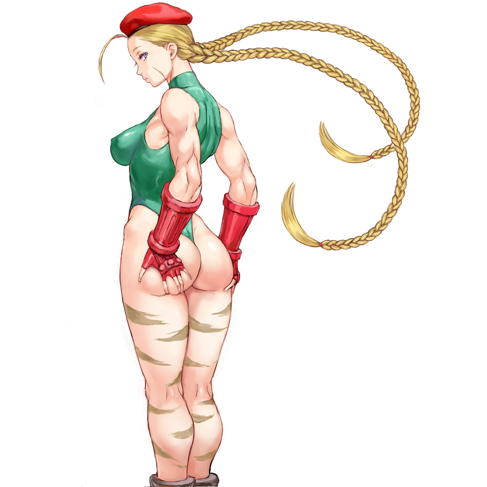 1girl ahoge ass bare_shoulders beret blonde_hair blue_eyes bodypaint braid breasts cammy_white camouflage covered_nipples fingerless_gloves gloves green_leotard hands_on_own_ass hat highleg highleg_leotard huge_ahoge leotard long_braid long_hair looking_at_viewer looking_back medium_breasts muscle muscular_female padded_gloves red_gloves red_headwear scar shiny shiny_clothes shiny_skin shu-mai skin_tight sleeveless solo standing street_fighter street_fighter_ii_(series) thighs tied_hair turtleneck twin_braids very_long_hair white_background