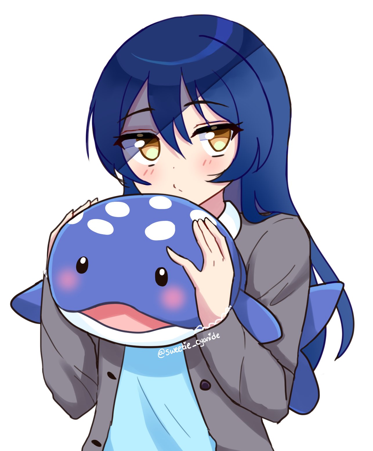 1girl artist_name blue_hair blush brown_eyes closed_mouth eyebrows_visible_through_hair highres holding holding_stuffed_animal long_hair long_sleeves looking_at_viewer love_live! love_live!_school_idol_project solo sonoda_umi stuffed_animal stuffed_toy stuffed_whale sweetie_cyanide twitter_username upper_body