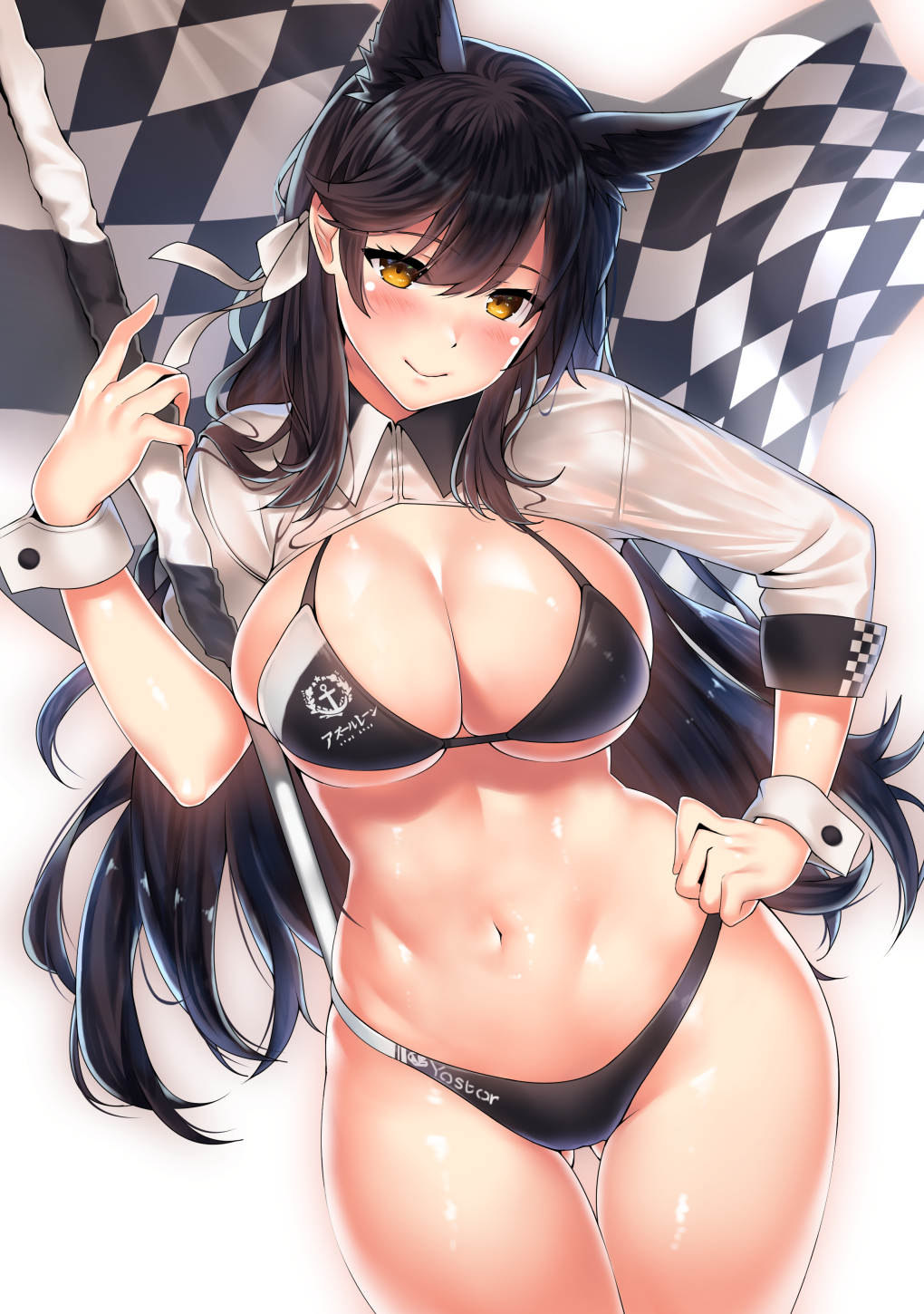 1girl anchor_symbol animal_ear_fluff animal_ears ass_visible_through_thighs atago_(azur_lane) azur_lane bangs bikini black_bikini black_hair blush breasts bursting_breasts checkered checkered_flag clenched_hand closed_mouth clothes_writing commentary_request copyright_name cowboy_shot cropped_jacket emblem extra_ears eyebrows_visible_through_hair flag groin hair_between_eyes hair_ribbon halter_top halterneck hand_on_hip hand_up head_tilt highres holding holding_flag jacket kawai large_breasts leaning_to_the_side legs_together light_smile long_hair long_sleeves looking_at_viewer navel orange_eyes outline parted_bangs racequeen ribbon shiny shiny_skin shrug_(clothing) sideboob simple_background skindentation sleeve_cuffs smile solo standing strap_gap swept_bangs swimsuit thigh_gap thighs turtleneck under_boob very_long_hair white_background white_jacket white_ribbon wide_hips wrist_cuffs