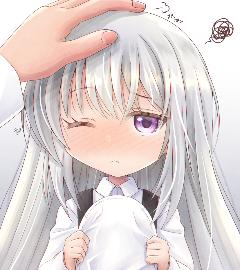 1girl ;( azur_lane bangs blush closed_mouth collared_shirt commander_(azur_lane) commentary_request eyebrows_visible_through_hair hair_between_eyes hat headpat headwear_removed holding holding_clothes holding_hat little_enterprise_(azur_lane) long_hair long_sleeves looking_at_viewer lower_body military_hat mirun_(funimani) nose_blush overall_skirt partial_commentary peaked_cap shirt sidelocks signature silver_hair simple_background solo_focus squiggle standing very_long_hair violet_eyes white_background white_headwear white_shirt