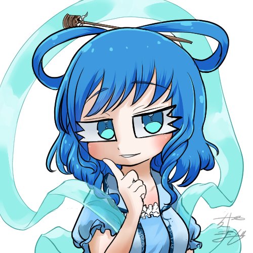 1girl avatar_icon blue_dress blue_hair chamaji commentary_request dress eyebrows_visible_through_hair finger_to_cheek frilled_blouse frills hair_ornament hair_rings hair_stick kaku_seiga looking_at_viewer lowres shawl short_hair short_sleeves signature solo touhou upper_body vest white_background