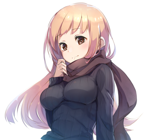 1girl bangs black_sweater blush breasts brown_eyes brown_scarf closed_mouth commentary_request eyebrows_visible_through_hair hand_up large_breasts light_brown_hair long_hair long_sleeves lowres manmaru_tamago original ribbed_sweater scarf simple_background sleeves_past_wrists smile solo sweater upper_body white_background