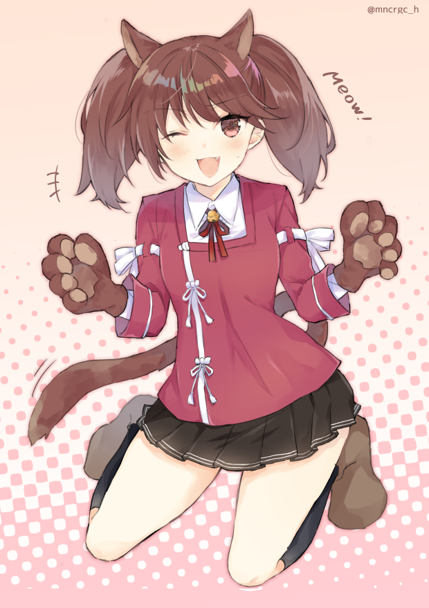 1girl animal_ears black_legwear black_skirt brown_eyes brown_hair cat_ears cat_tail commentary_request full_body gloves gradient gradient_background hairi_(mncrgc_h) japanese_clothes kantai_collection kariginu kneehighs long_hair looking_at_viewer neck_ribbon paw_boots paw_gloves paws pink_background pleated_skirt polka_dot polka_dot_background red_neckwear red_ribbon red_shirt ribbon ryuujou_(kantai_collection) shirt skirt smile solo tail twintails
