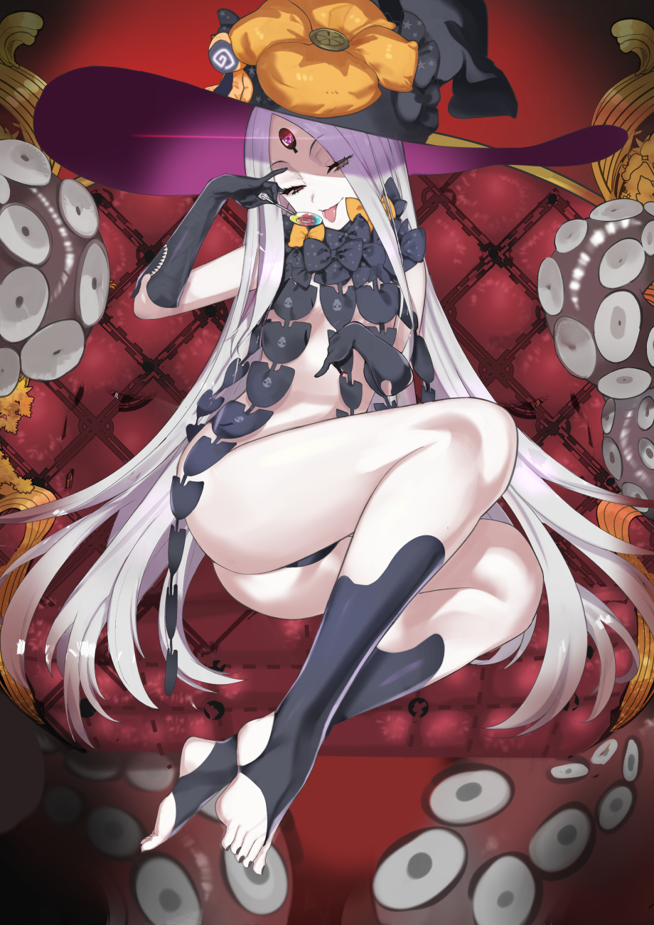1girl abigail_williams_(fate/grand_order) ass bangs bare_shoulders black_bow black_headwear black_panties bow breasts candy chair closed_mouth fate/grand_order fate_(series) feet food forehead gloves glowing glowing_eye hareno_chiame hat highres keyhole legs lollipop long_hair looking_at_viewer multiple_bows orange_bow panties parted_bangs polka_dot polka_dot_bow red_eyes sitting skull_print small_breasts smile solo stuffed_animal stuffed_toy teddy_bear tentacles third_eye toeless_legwear toes tongue tongue_out underwear very_long_hair white_hair white_skin witch_hat