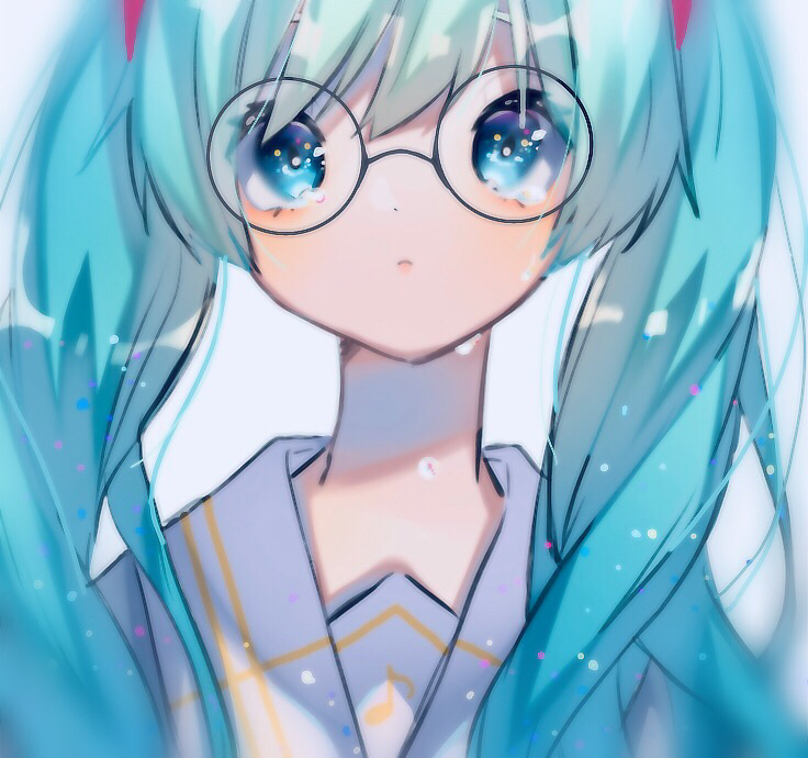 1girl aqua_eyes aqua_hair collar collared_shirt commentary crying crying_with_eyes_open eighth_note expressionless glasses hatsune_miku isomu long_hair long_neck looking_at_viewer musical_note musical_note_print sailor_collar school_uniform shirt solo tears twintails upper_body vocaloid white_collar