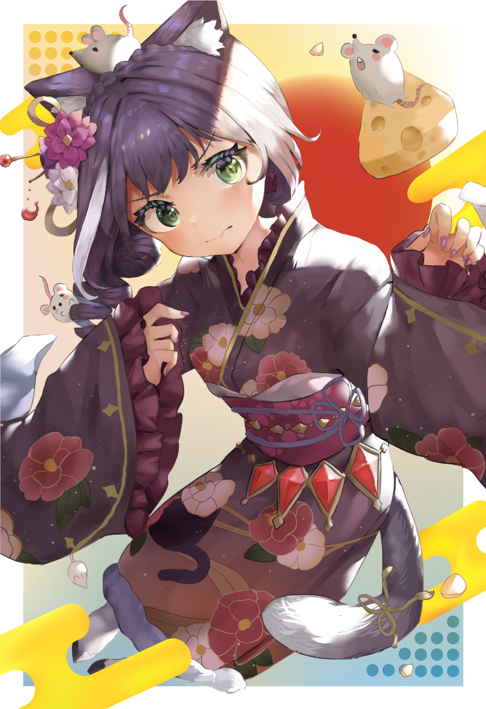 1girl animal_ear_fluff animal_ears animal_on_head animal_print bangs cat_ears cat_print cat_tail cheese closed_mouth commentary_request curly_hair eyebrows_visible_through_hair floral_print flower food green_eyes hair_flower hair_ornament hands_up japanese_clothes kanzashi kimono kyaru_(princess_connect) long_sleeves looking_away medium_hair mouse mouse_on_head multicolored_hair nail_polish obi on_head princess_connect! princess_connect!_re:dive purple_nails ribbon sash solo_focus streaked_hair tail tail_ribbon takuan_(mo55ilst) two-tone_hair wide_sleeves