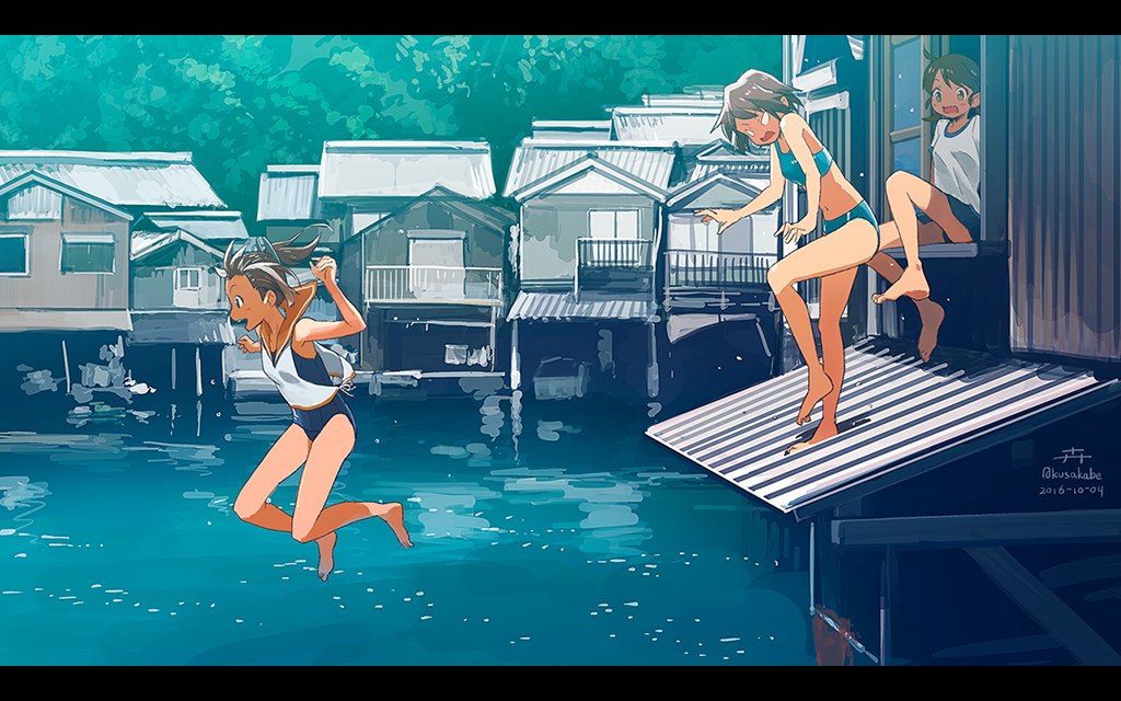 3girls artist_name bangs bikini black_eyes black_hair black_swimsuit blue_bikini building commentary_request dated day frown i-401_(kantai_collection) jumping kantai_collection kusakabe_(kusakabeworks) leaning_forward letterboxed looking_at_another medium_hair miyuki_(kantai_collection) multiple_girls necktie one-piece_swimsuit open_mouth outdoors shirayuki_(kantai_collection) shirt short_hair signature sitting sleeveless sleeveless_shirt smile standing standing_on_one_leg swimsuit t-shirt tan v-shaped_eyes water white_shirt