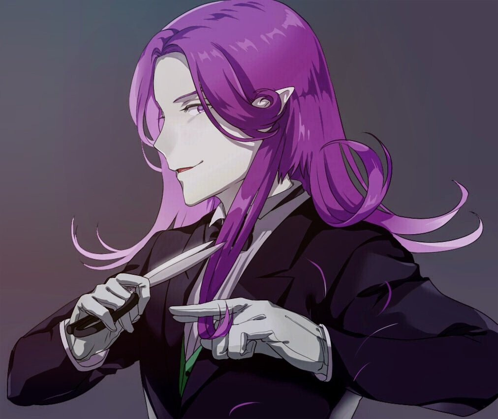 1boy alternate_costume bishounen bow bowtie commentary_request curly_hair cutting_hair fate/grand_order fate_(series) formal gloves holding holding_scissors male_focus medium_hair mephistopheles_(fate/grand_order) pointy_ears purple_hair scissors simple_background smile stardust_(star) suit thick_eyebrows violet_eyes white_skin