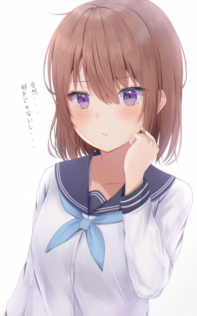 1girl bangs black_sailor_collar blue_neckwear blush breasts brown_hair closed_mouth commentary_request eyebrows_visible_through_hair gradient gradient_background grey_background hair_between_eyes hand_up long_sleeves looking_at_viewer neckerchief original rejection sailor_collar school_uniform serafuku shirt small_breasts solo translated umineco_1 violet_eyes white_background white_shirt