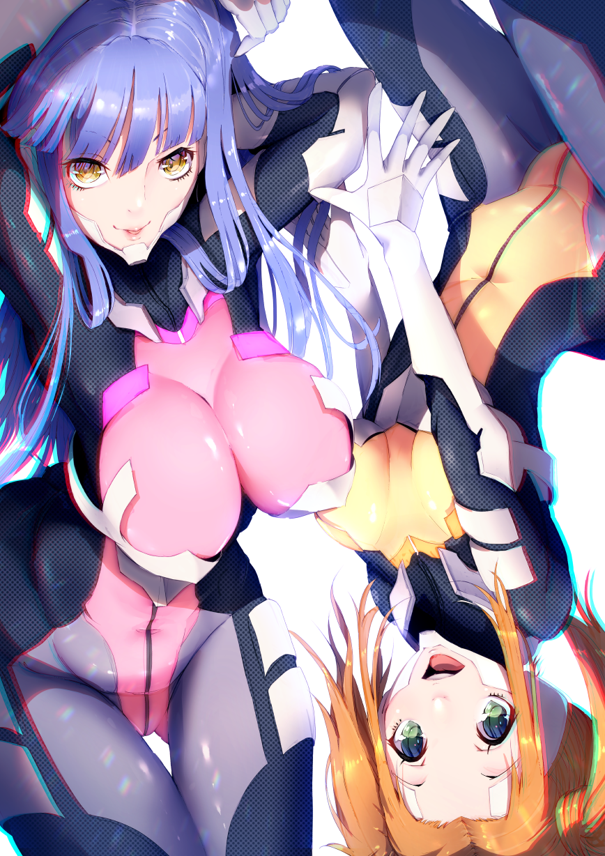 2girls aihara_nana_(platinumhugen_ordian) blue_hair bodysuit breasts brown_hair green_eyes highres impossible_bodysuit impossible_clothes large_breasts multiple_girls nell_maqmahausen open_mouth pink_bodysuit platinumhugen_ordian sakusakusakurai twintails yellow_bodysuit yellow_eyes