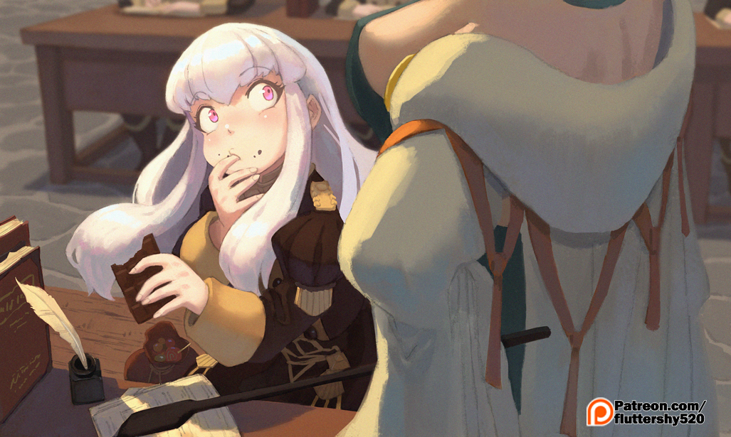 2girls book chocolate eating fire_emblem fire_emblem:_three_houses food food_on_face garreg_mach_monastery_uniform green_little long_hair long_sleeves lysithea_von_ordelia manuela_casagranda multiple_girls pink_eyes sitting table uniform watermark web_address white_hair