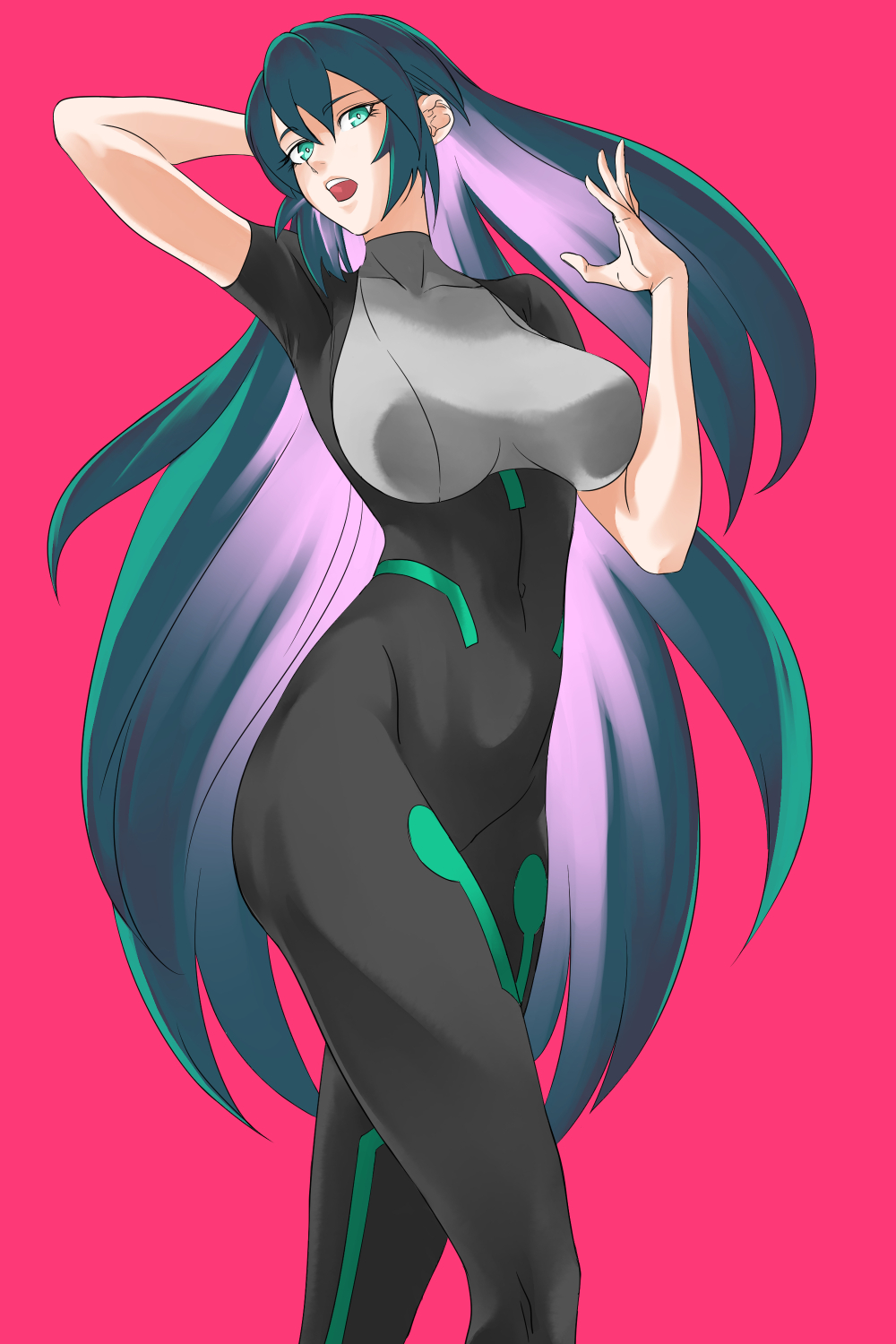 1girl bodysuit breasts green_eyes green_hair gundam gundam_build_divers gundam_build_divers_re:rise hand_behind_head highres impossible_bodysuit impossible_clothes long_hair looking_at_viewer may_(gundam_build_divers_re:rise) medium_breasts open_mouth purple_hair red_background silentmag