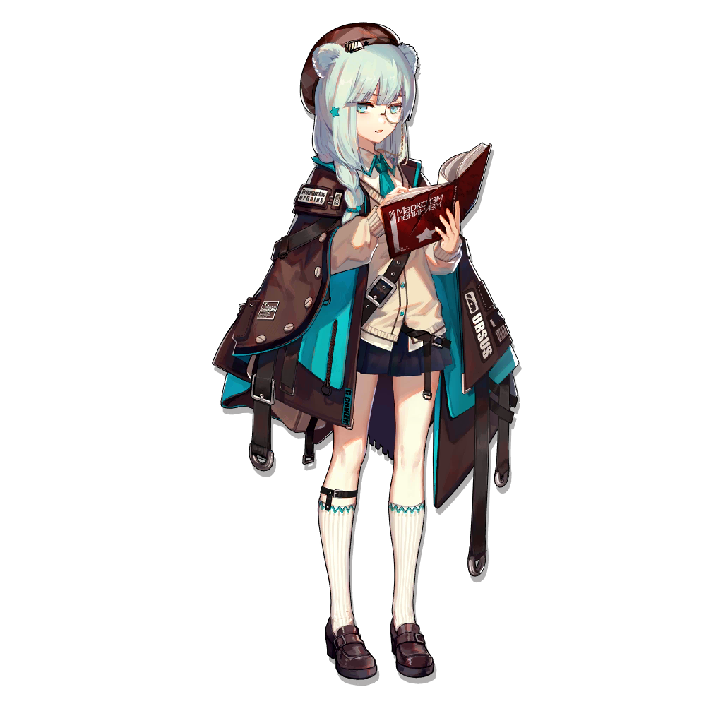 1girl animal_ears arknights bear_ears black_skirt book braid cyrillic eyebrows_visible_through_hair full_body green_eyes grey_hair hair_ornament holding holding_book istina_(arknights) kneehighs long_hair looking_at_viewer monocle official_art parted_lips pleated_skirt single_braid skade skirt solo star star_hair_ornament translation_request transparent_background white_legwear