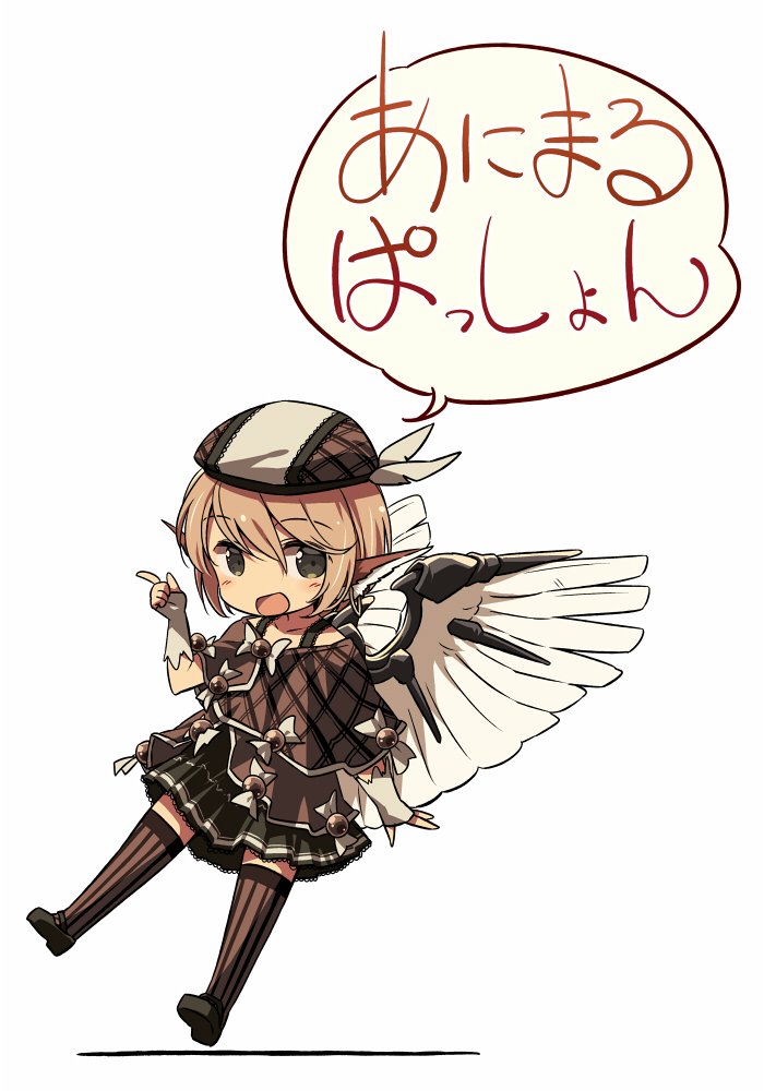 1girl alternate_costume animal_ears black_dress black_footwear brown_legwear capelet chibi circle_name commentary_request dress earrings full_body gloves green_eyes hand_up hat_feather jewelry looking_at_viewer mystia_lorelei open_mouth pink_hair pointing simple_background smile solo striped striped_legwear thigh-highs touhou translated white_background white_gloves wings yudepii