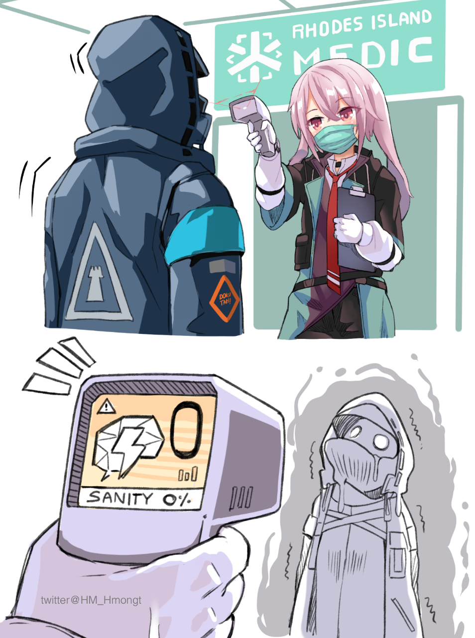 1boy 1other animal_ears ansel_(arknights) arknights coronavirus_pandemic doctor doctor_(arknights) drooling english_text eyebrows_visible_through_hair highres hood hooded_jacket jacket mask mouth_mask phandit_thirathon pink_hair purple_hair rabbit_ears scanner tired