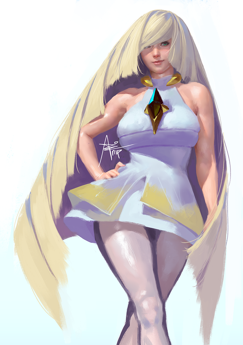 1girl artnip blonde_hair blue_eyes breasts commentary crossed_legs dress english_commentary hair_over_one_eye hand_on_hip jewelry large_breasts lips long_hair lusamine_(pokemon) neck_ring nose pokemon pokemon_(game) pokemon_sm pose realistic sheer_legwear short_dress signature sleeveless sleeveless_dress solo standing very_long_hair white_background white_dress