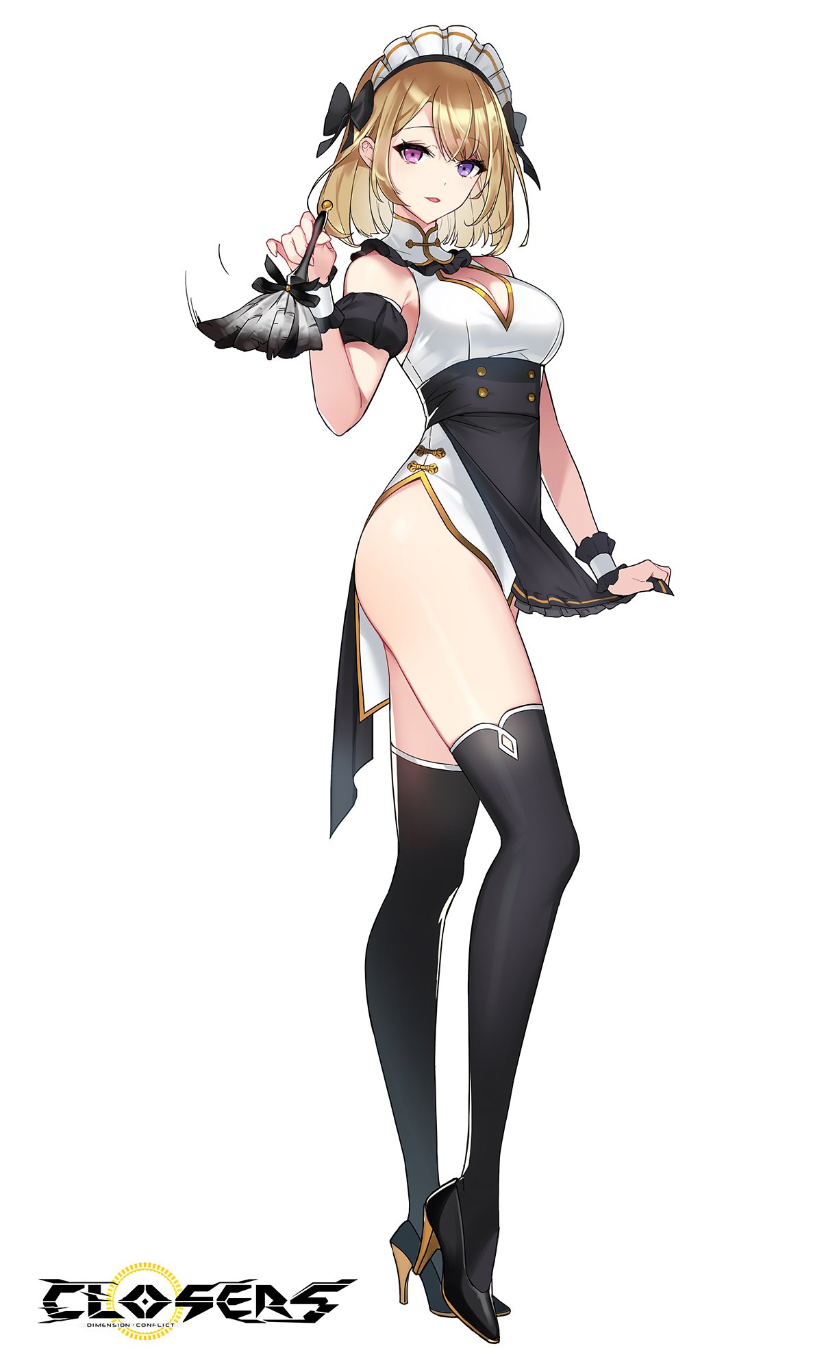 1girl bai_winchester bare_shoulders black_dress black_footwear black_legwear breasts brown_hair closers detached_sleeves dress duster full_body gold_trim heterochromia high_heels highres holding large_breasts looking_at_viewer maid maid_headdress official_art parted_lips pelvic_curtain pink_eyes short_hair solo standing thigh-highs thighs violet_eyes wrist_cuffs